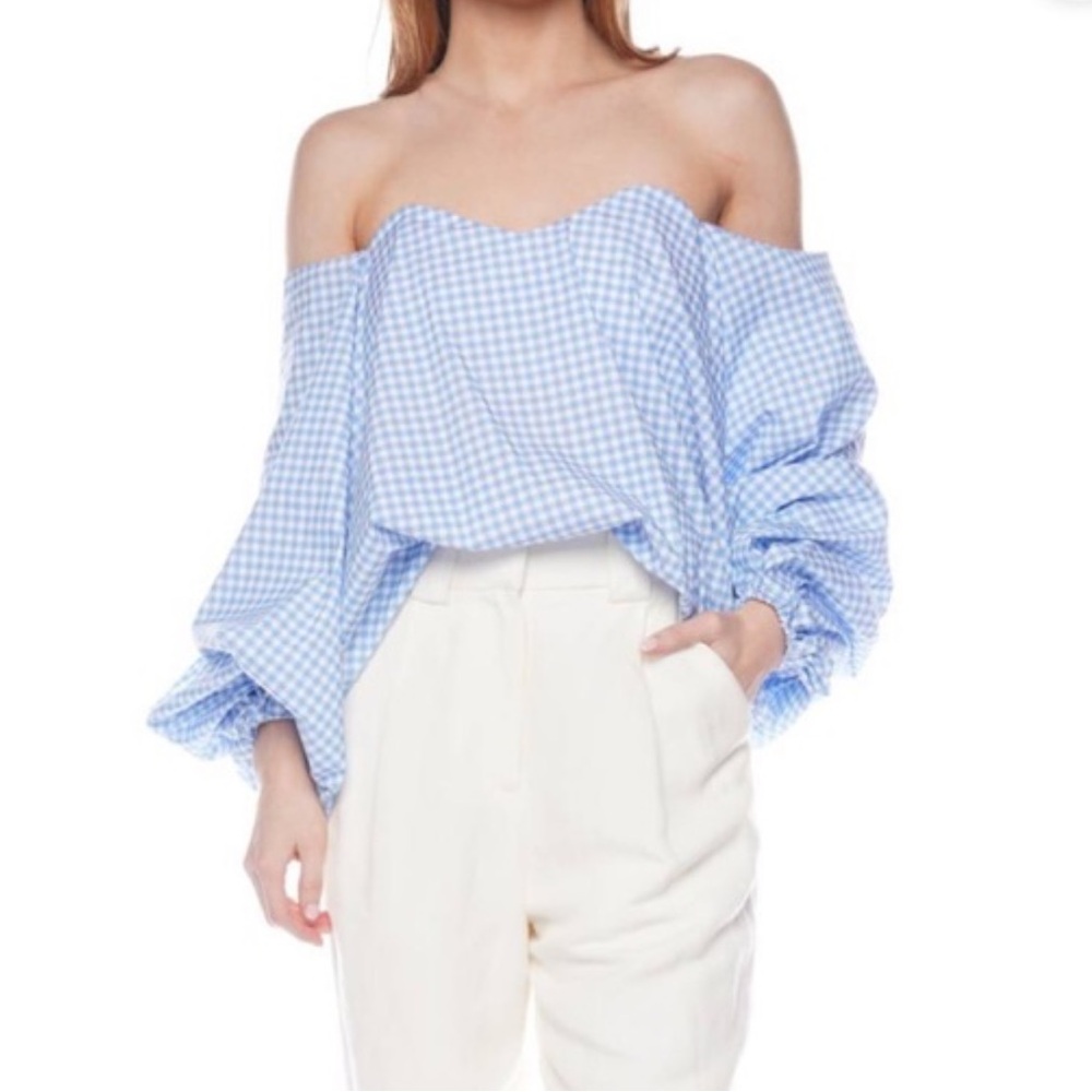 Caroline Constas Gingham off the shoulder blouse SZ SM